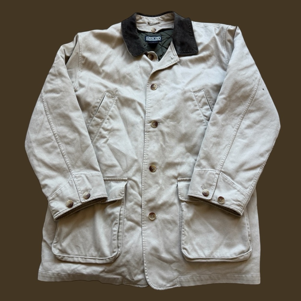 VTG Lands' End Chore Coat Jacket Mens XL Beige Tan Insulated Button Front Suede
